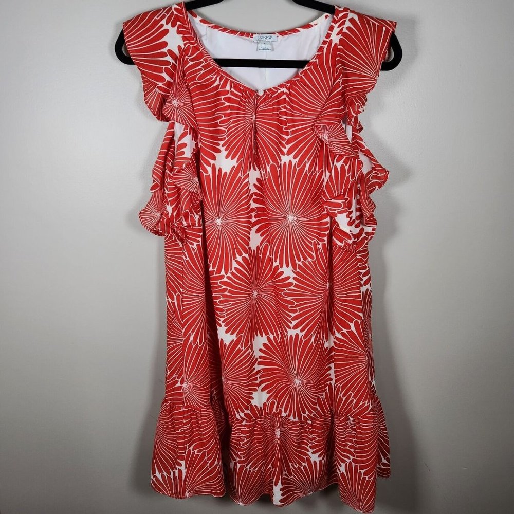 J Crew Dress Womens S Red Orange Floral Ruffle Flutter Sleeveless Keyhole Sun